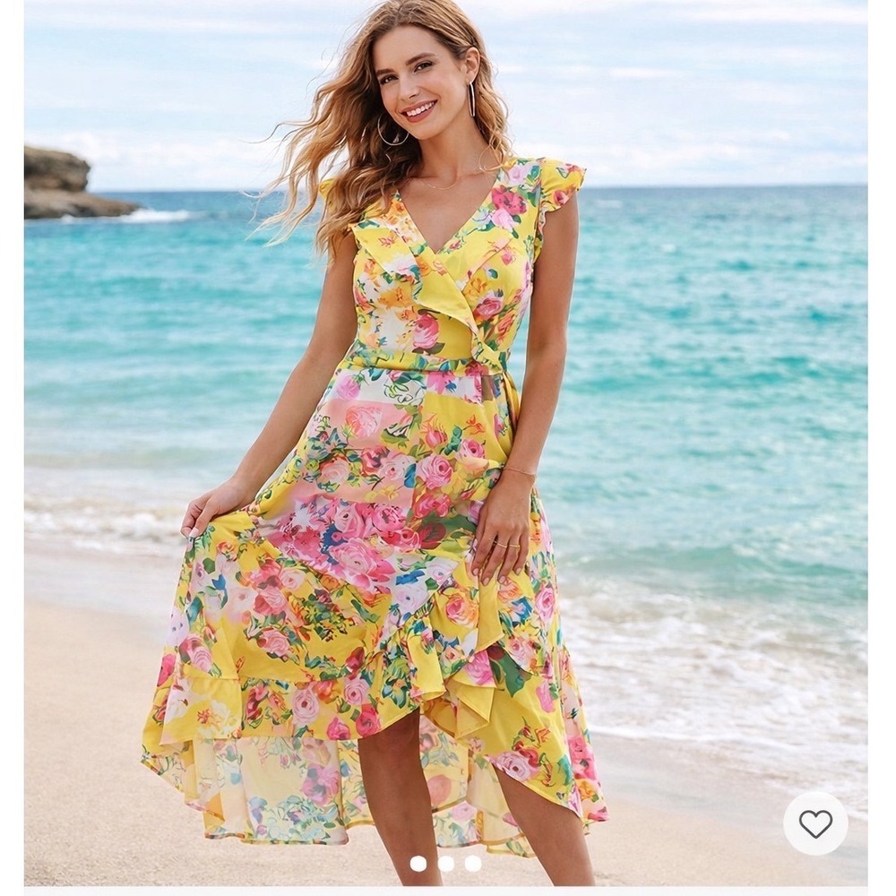 Cleo Yellow‎ Floral Ruffle Hem Maxi Dress Sleeveless Tie Waist XS